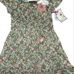 Three Pink Hearts Trixxie Floral Ruffle Dress Girls Size L w/ Hair Ties  NWT